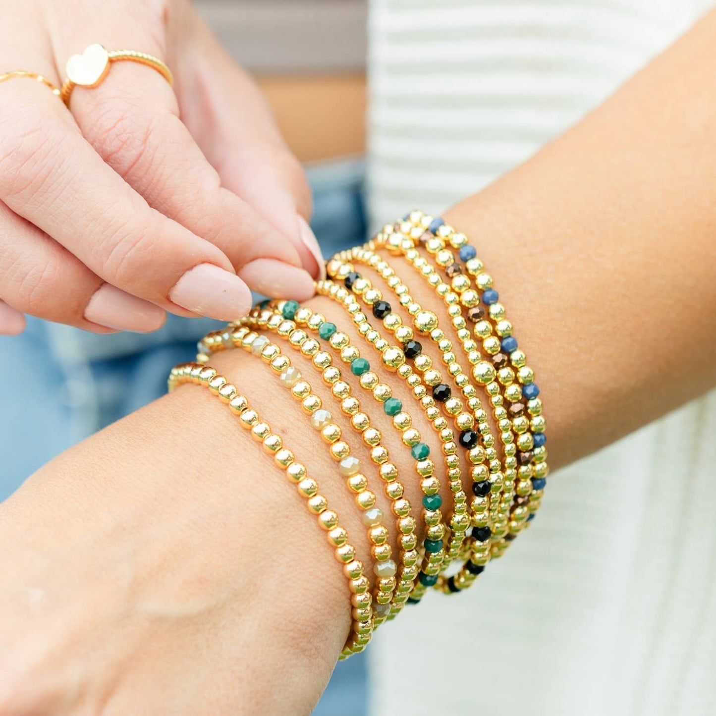 Set/12 4mm Bead & Crystal Stretch Bracelets