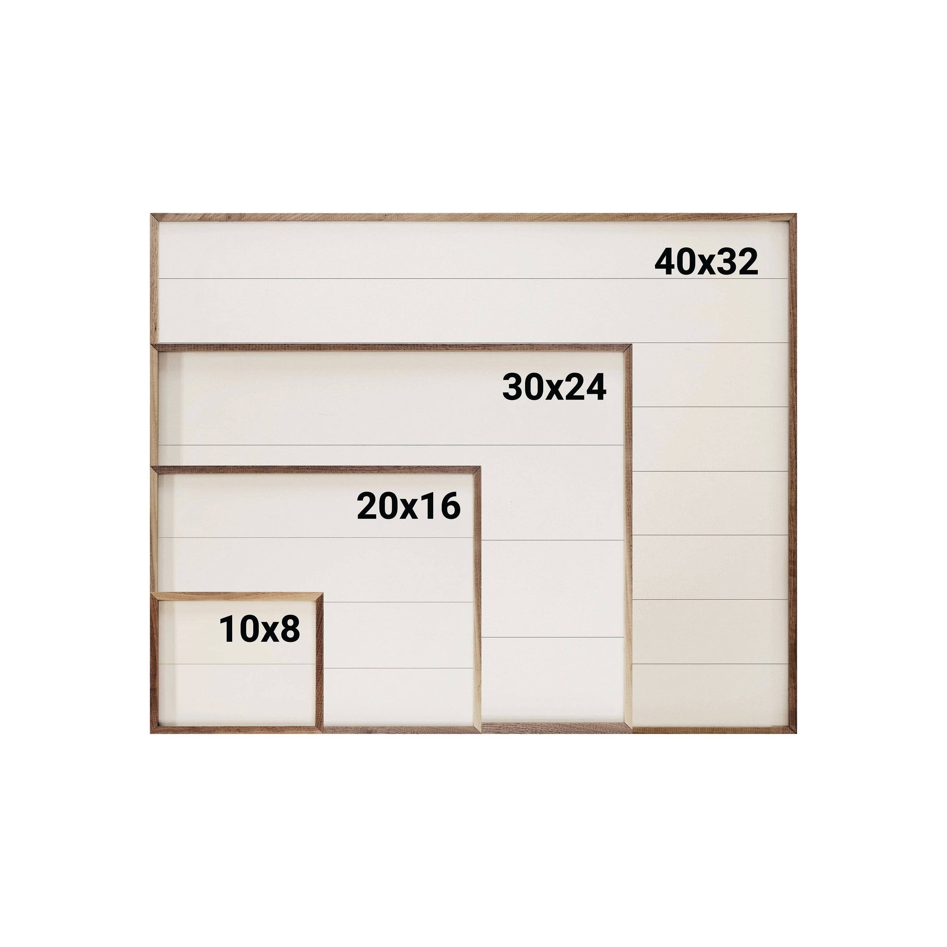 Shiplap wood framed signs in four sizes: 10x8, 20x16, 30x24, and 40x32 inches