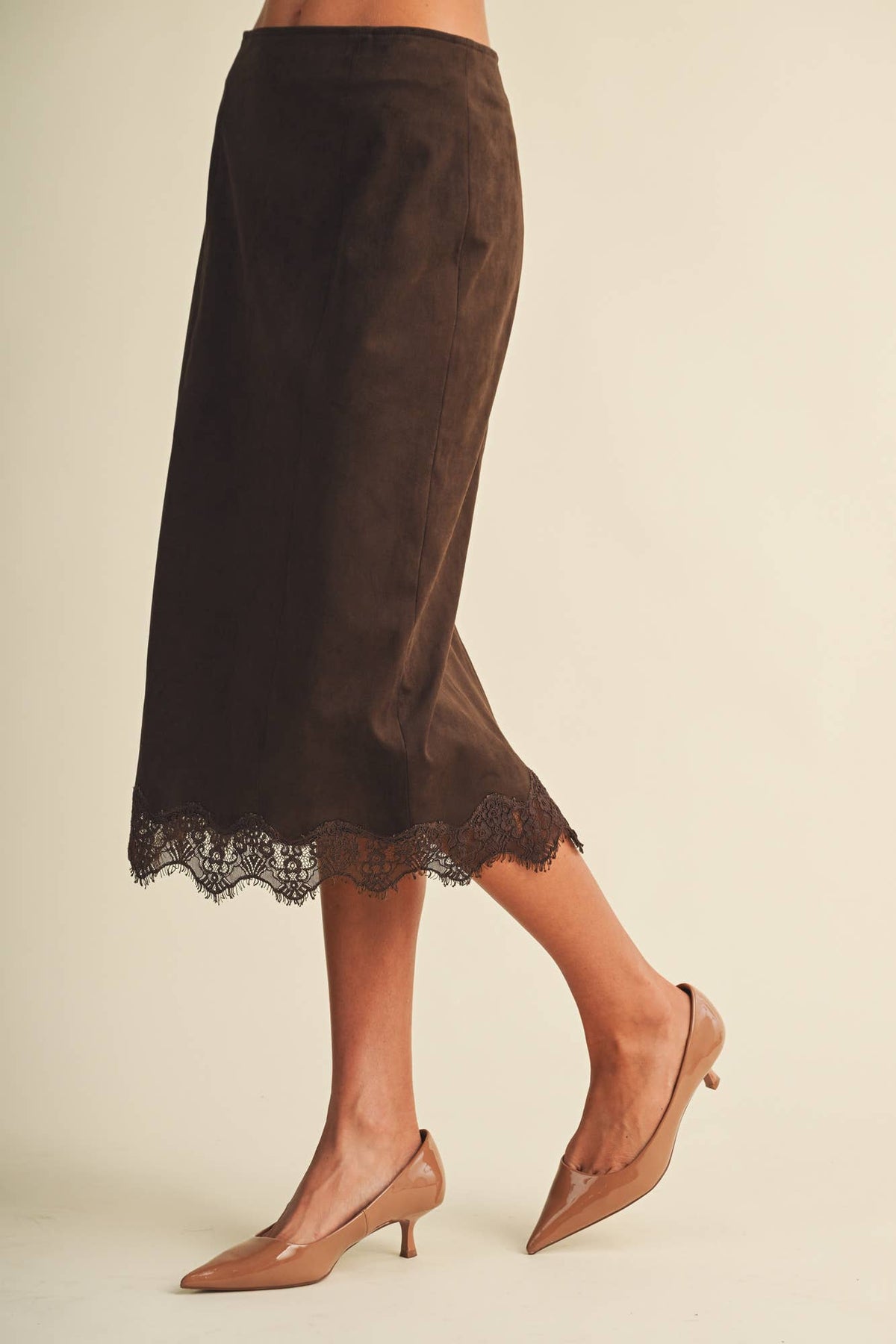 Scallop-Trim Microsuede Midi Skirt