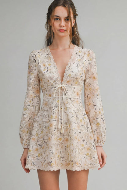 ED6112A Floral Lace Long Sleeve Mini Dress