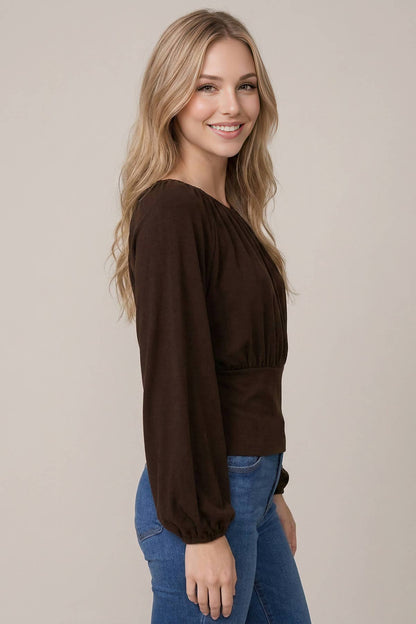 SOFT BRUSHED KNIT FLOWY RUCHED BALLOON SLEEVE TOP - 45980T