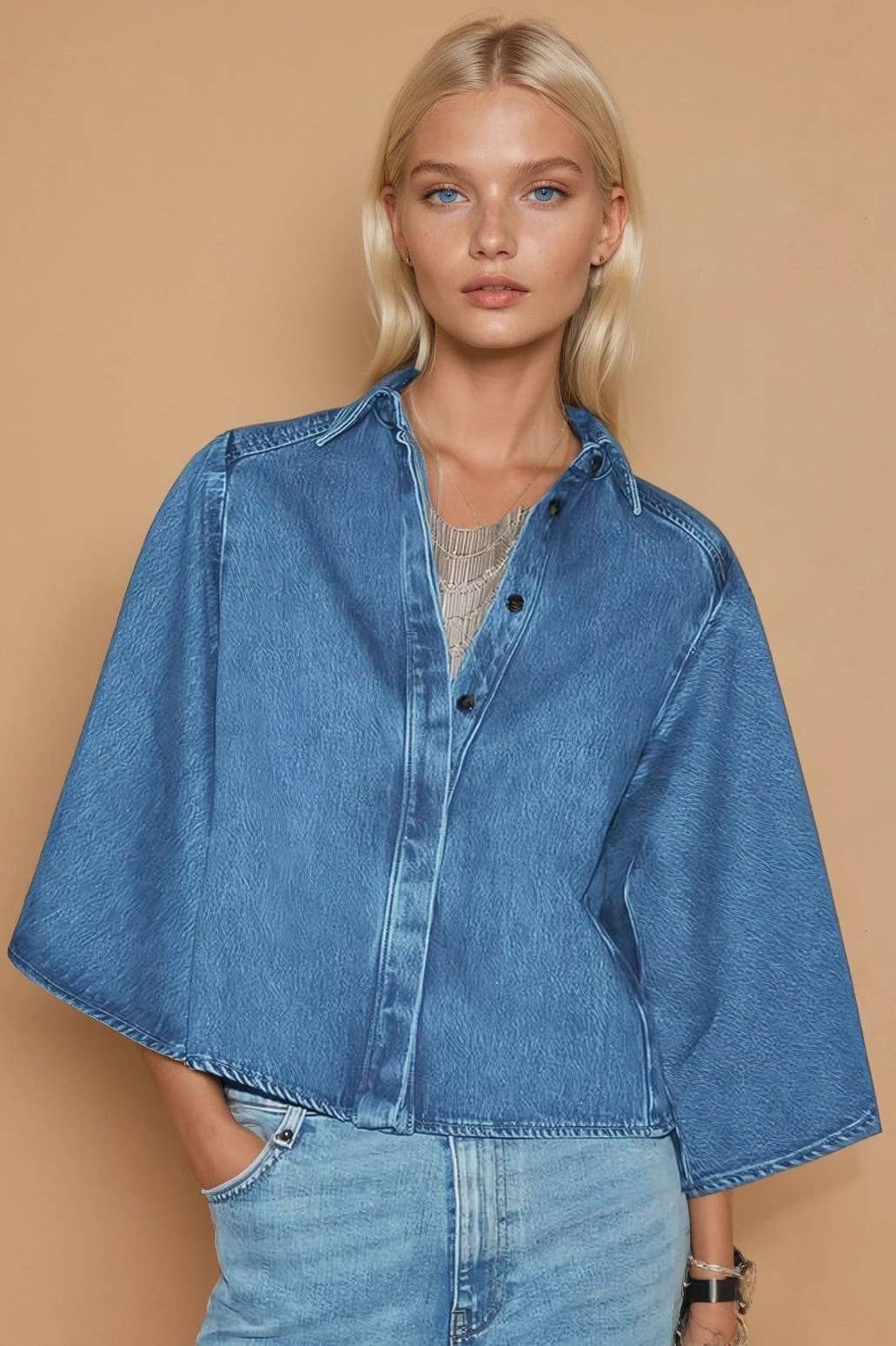 TRUMPET SLEEVED DENIM BLOUSE W1593TIA