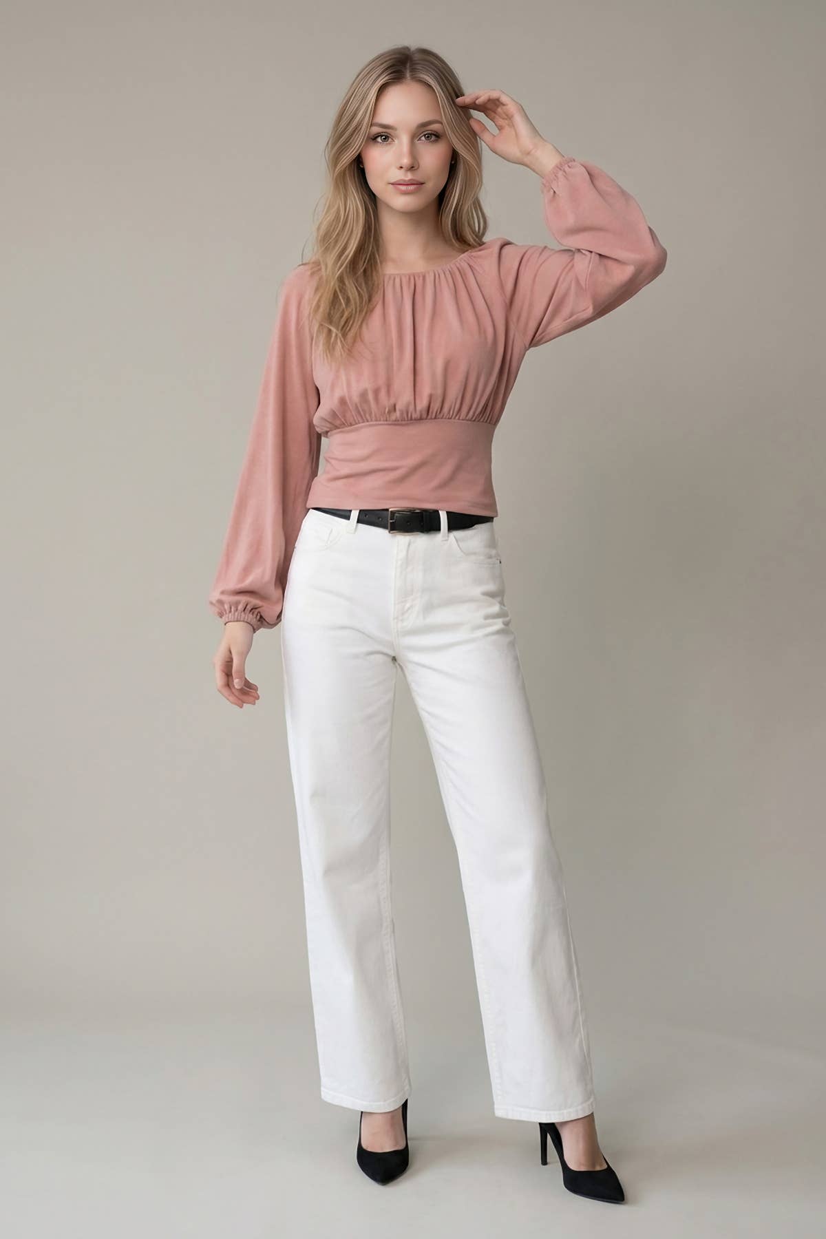 SOFT BRUSHED KNIT FLOWY RUCHED BALLOON SLEEVE TOP - 45980T