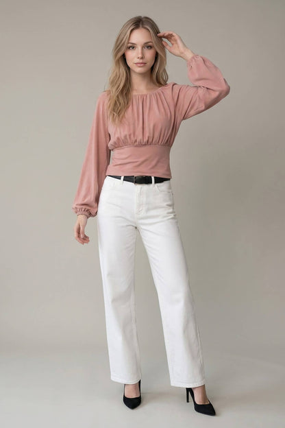 SOFT BRUSHED KNIT FLOWY RUCHED BALLOON SLEEVE TOP - 45980T