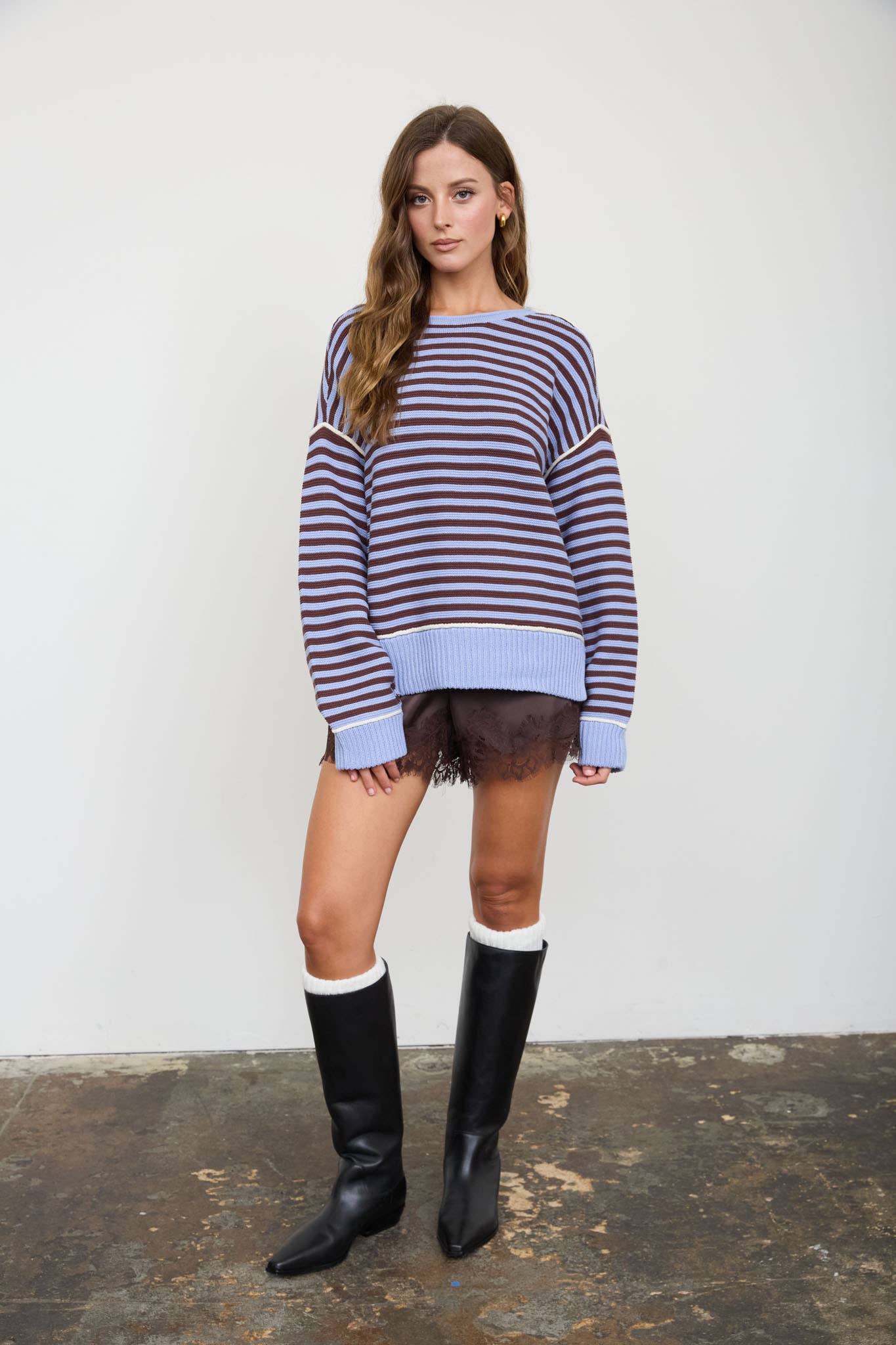 STRIPE CONTRAST STITCH RAW EDGE KNIT SWEATER