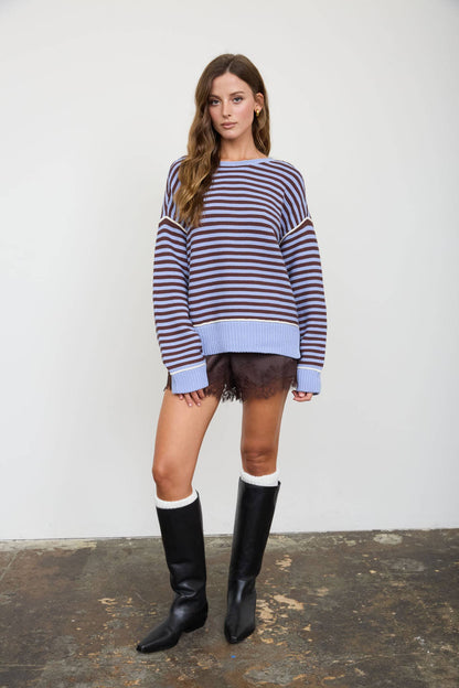 STRIPE CONTRAST STITCH RAW EDGE KNIT SWEATER