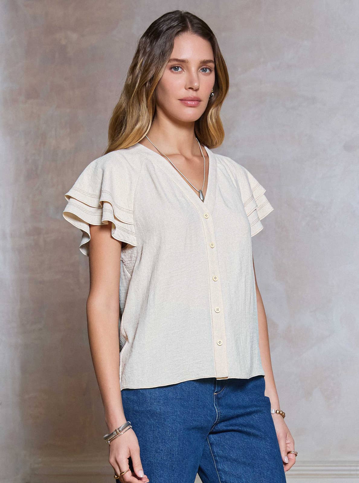 Flutter Sleeve Button Up Blouse