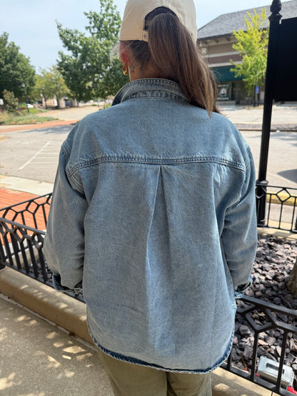 Oversized light wash denim shirt jacket with box pleat back detail