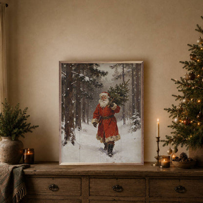 Framed vintage Santa Claus painting carrying pine tree through snowy forest, rustic wood frame