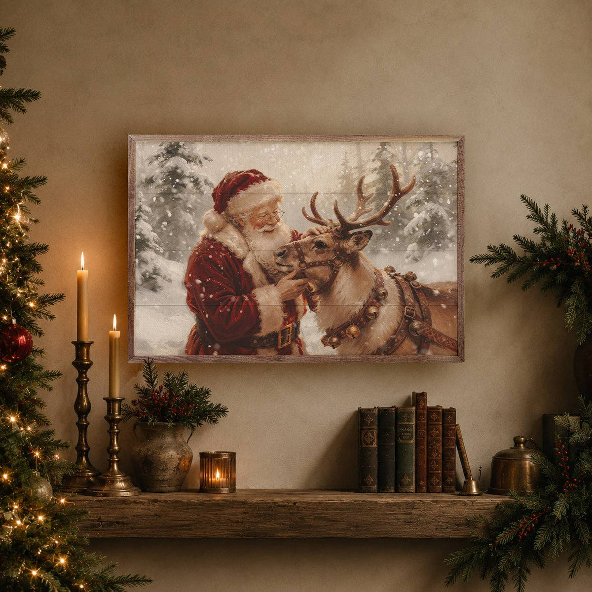 Framed Santa and reindeer canvas wall art displayed above rustic shelf with candles