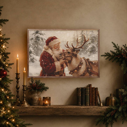 Framed Santa and reindeer canvas wall art displayed above rustic shelf with candles