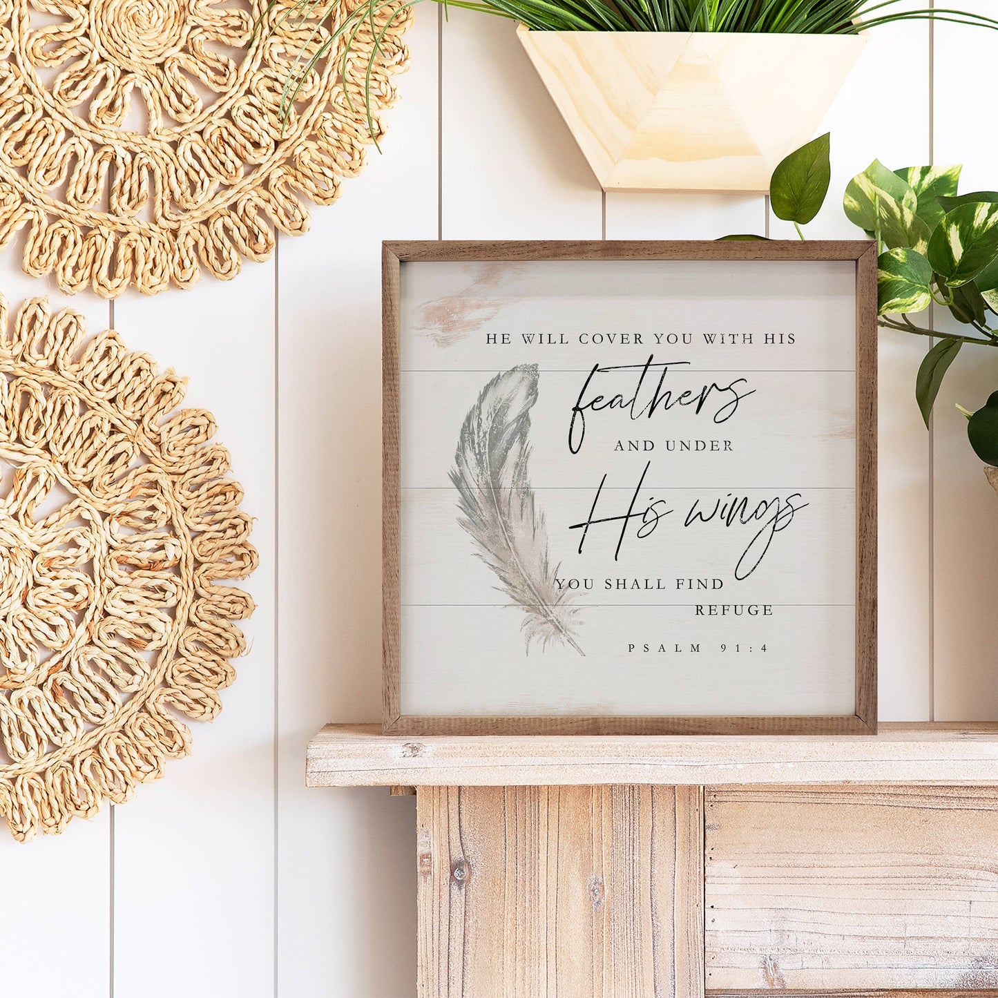 Framed wood sign with Psalm 91:4 feather illustration, white background, rustic style