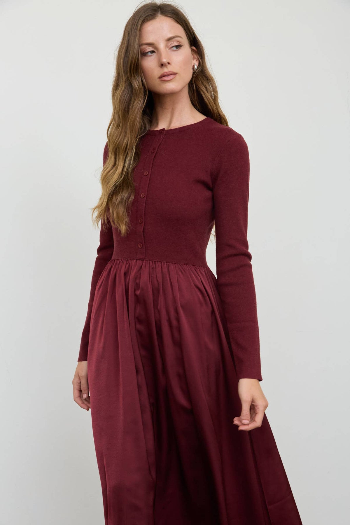 Knit Cardigan Satin Skirt Twofer Midi Dress