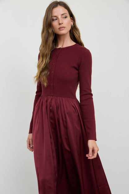 Knit Cardigan Satin Skirt Twofer Midi Dress