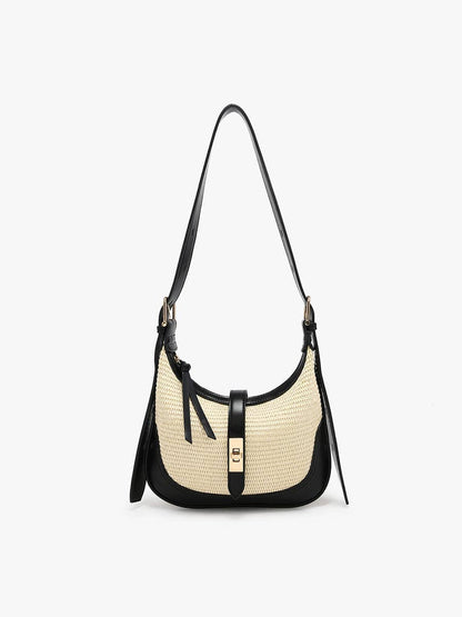 Ariana Straw Shoulder Bag w/ Top Zip & Twist-Lock Closure Purse