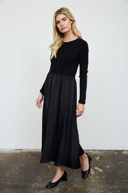 Knit Cardigan Satin Skirt Twofer Midi Dress