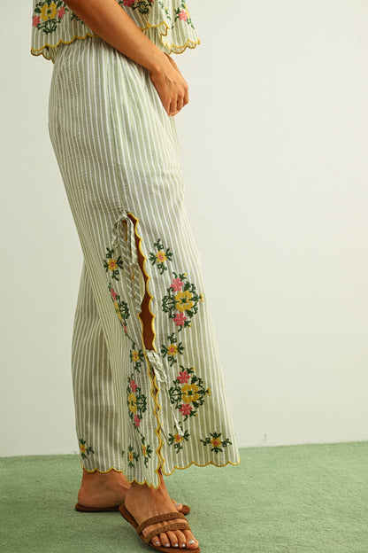 Floral Striped Embroidery Pants