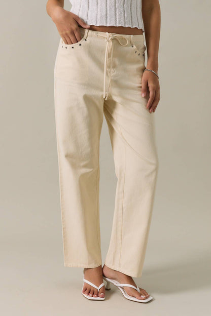 Midi Rise Ties On Waist Eyelet Trim Straight Fit Twill Pants