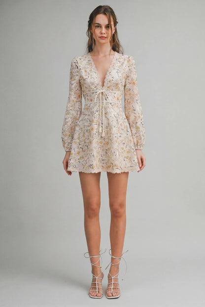 ED6112A Floral Lace Long Sleeve Mini Dress