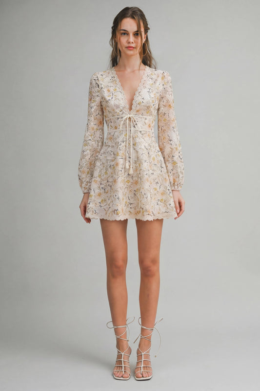 ED6112A Floral Lace Long Sleeve Mini Dress