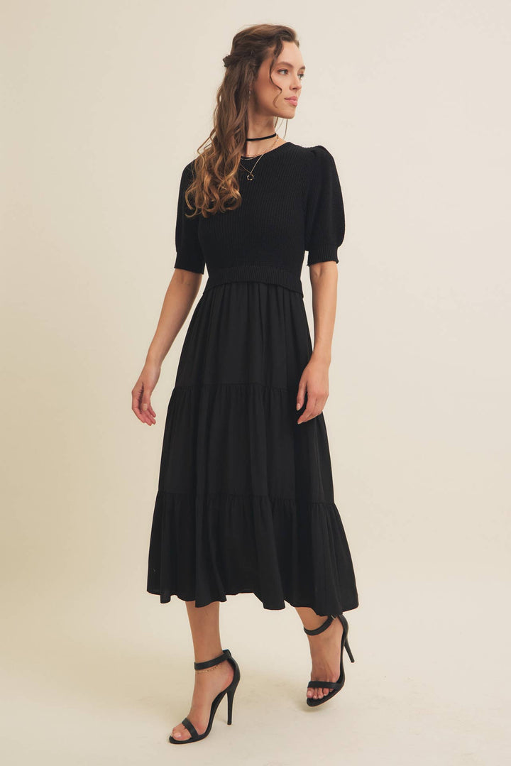 Mixed Media Sweater Midi Dress With Woven Skirt