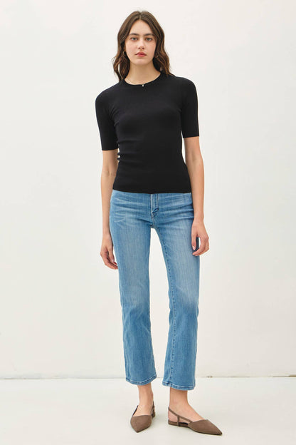 CLASSIC SOLID HALF SLEEVE RIB KNIT TOP