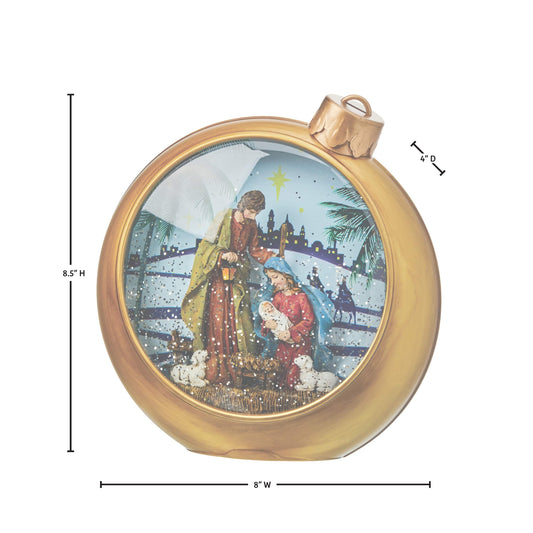 Gold Christmas ornament-shaped globe with nativity scene inside, 8.5 inches tall, front view