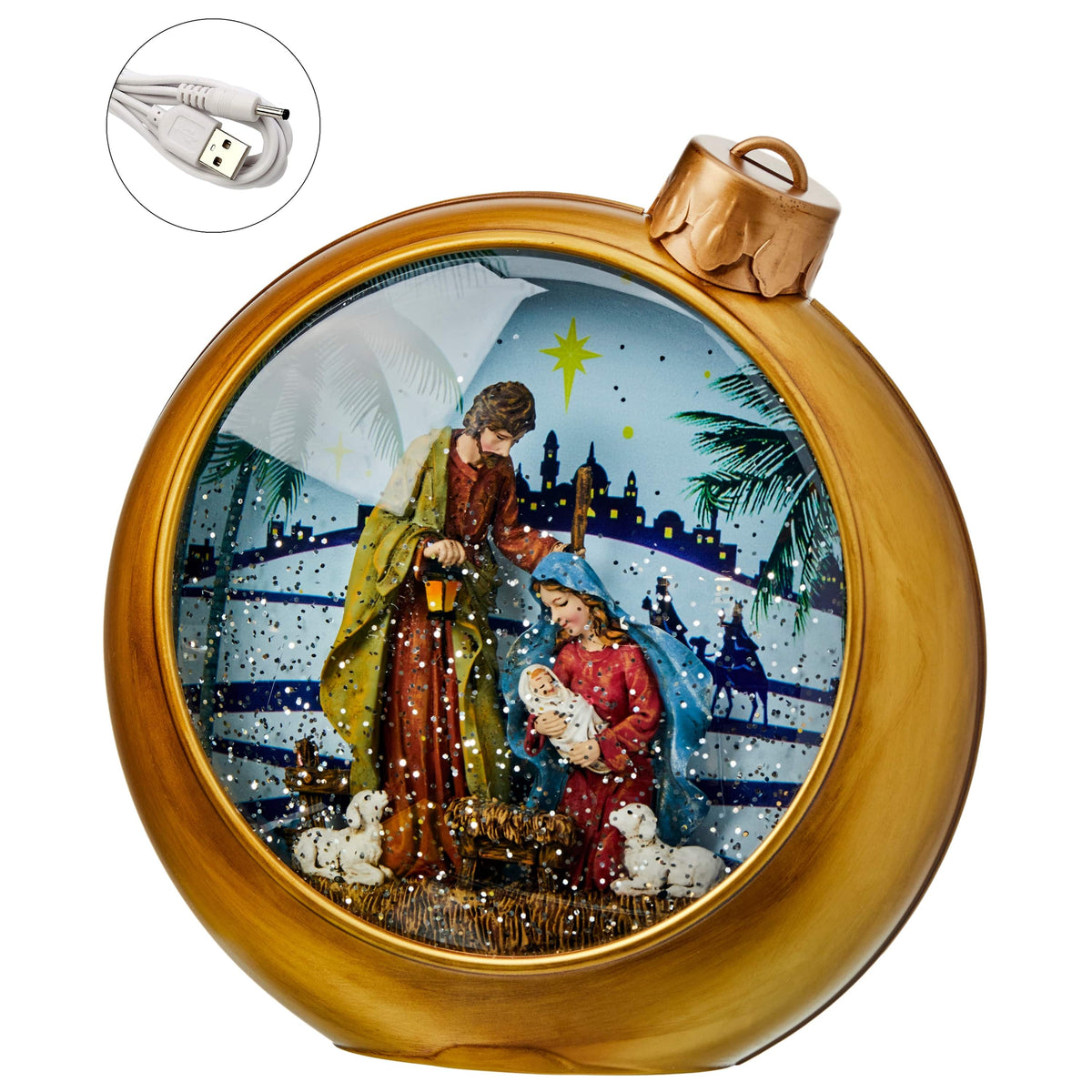 Gold ornament-shaped globe with nativity scene, glitter snow effect, and USB charging cable inset