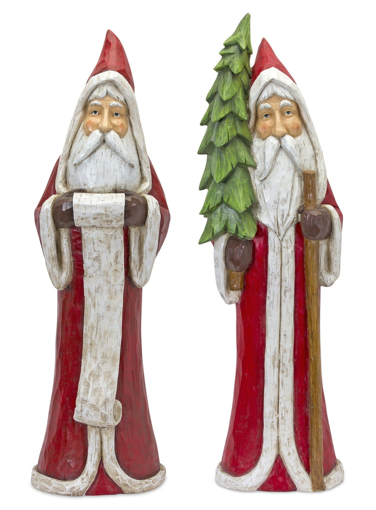 Two carved wooden Santa Claus figurines, one holding a scroll and one holding a Christmas tree and staff
