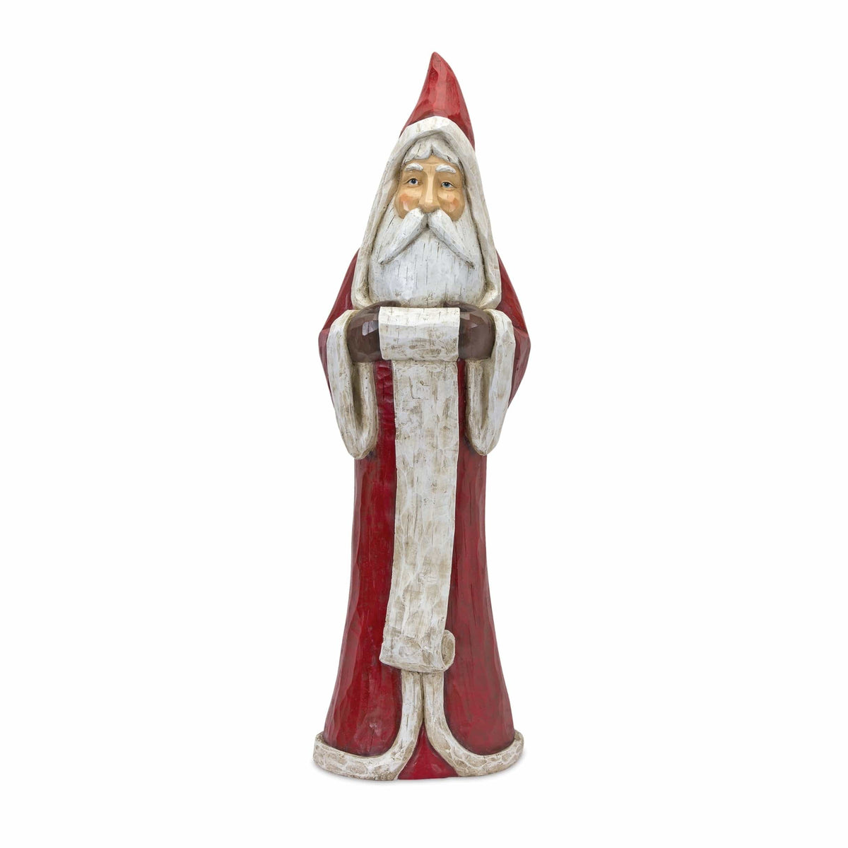 Carved wood-style Santa Claus figurine in red robe holding a scroll, front view