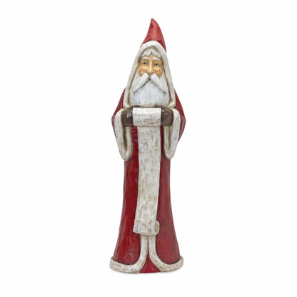 Carved wood-style Santa Claus figurine in red robe holding a scroll, front view