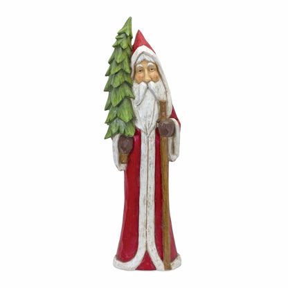 Hand-painted Santa figurine holding a Christmas tree and wooden staff, front-side view