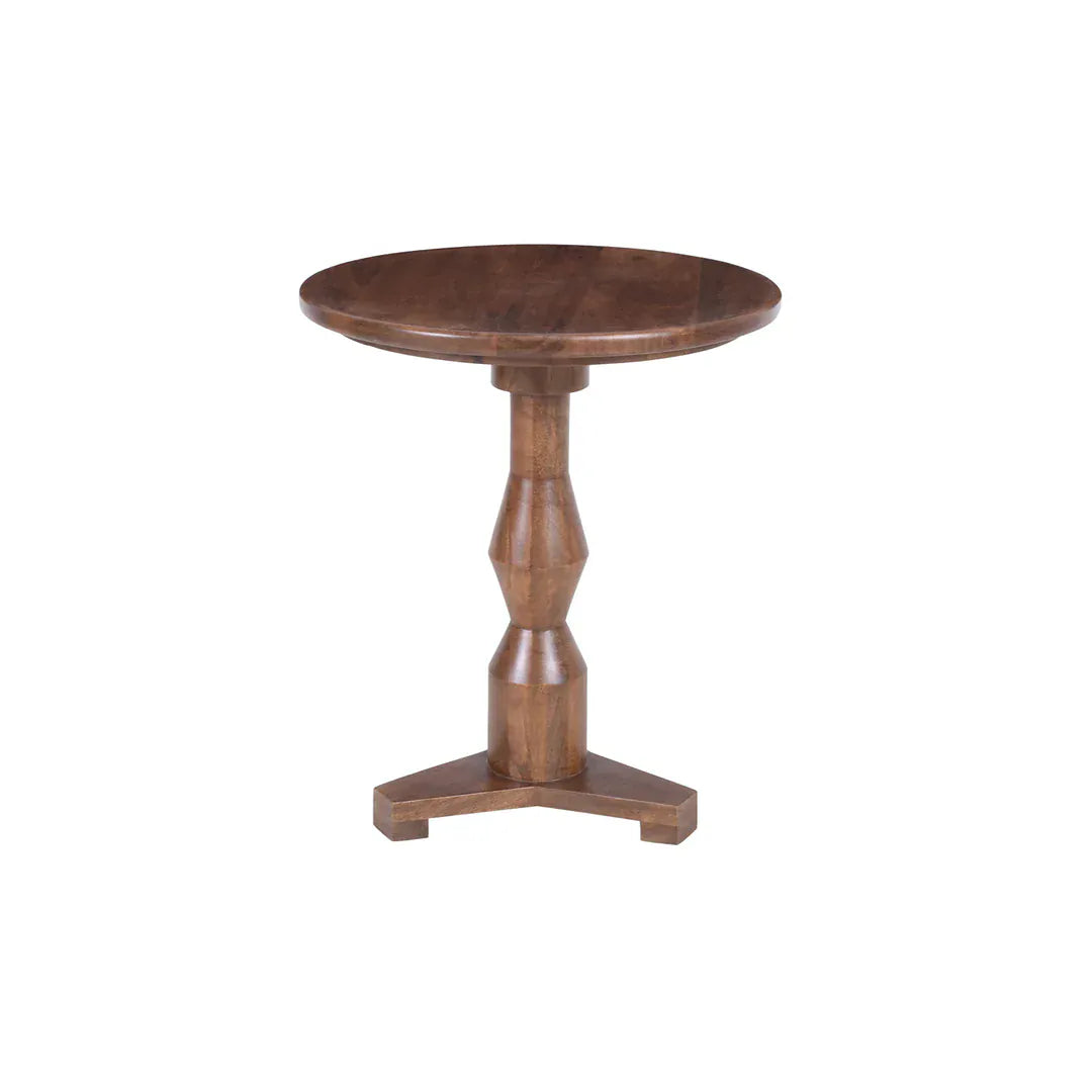Forty West Tammy round walnut wood pedestal accent table with tri-base