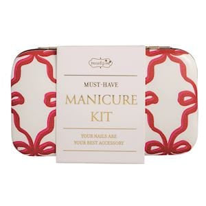 Mudpie Must-Have Manicure Kit in a red ribbon patterned tin case