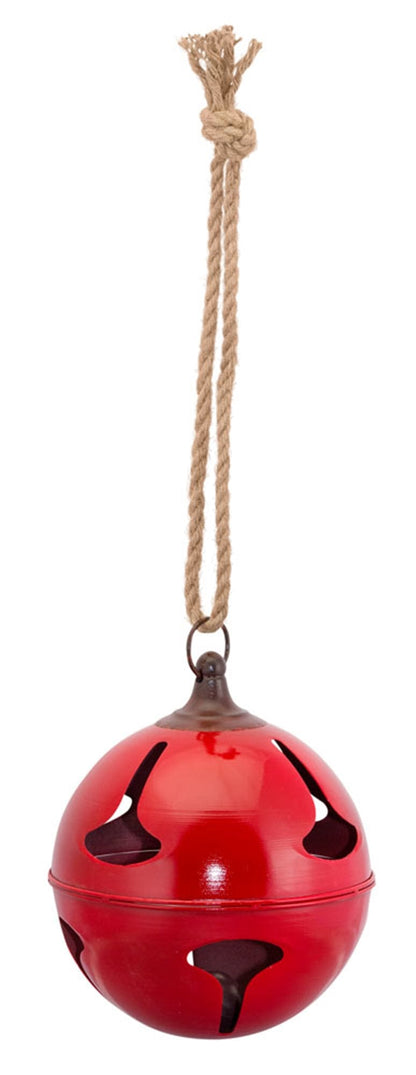 Large round metal jingle bell with cutout star patterns, hung by a natural jute rope