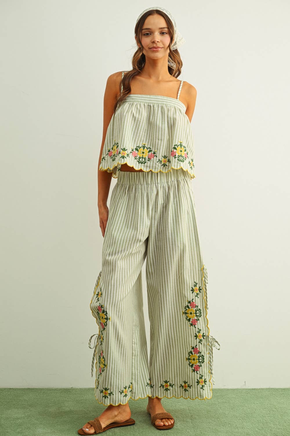 Floral Striped Embroidery Pants