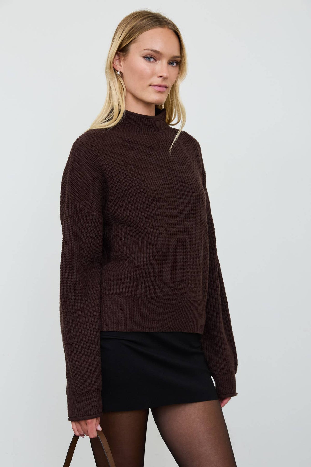 Ribbed Rolled Mock Neck Cropped Knit Sweater