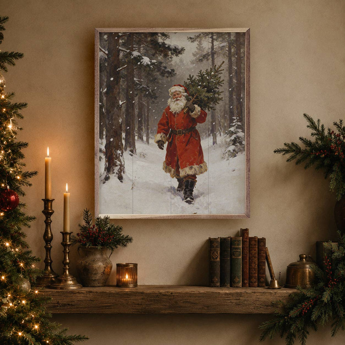 Framed vintage Santa Claus painting displayed on rustic shelf with candles and books