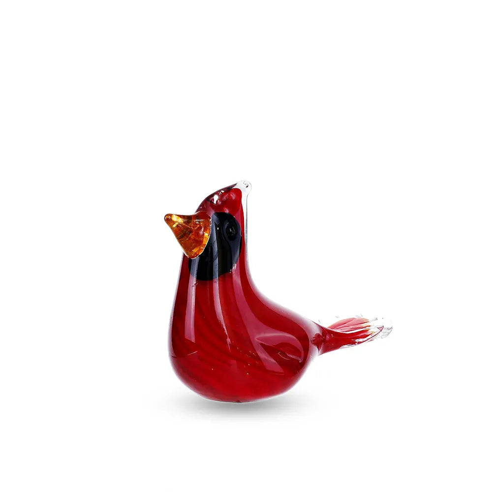Hand-crafted red glass cardinal bird figurine with orange beak and black face markings