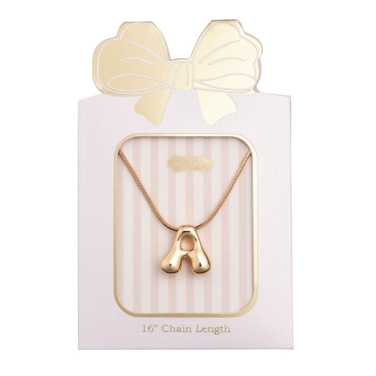 Mudpie gold bubble letter A initial pendant necklace on pink striped gift card