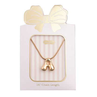 Mudpie gold bubble letter A initial pendant necklace on pink striped gift card