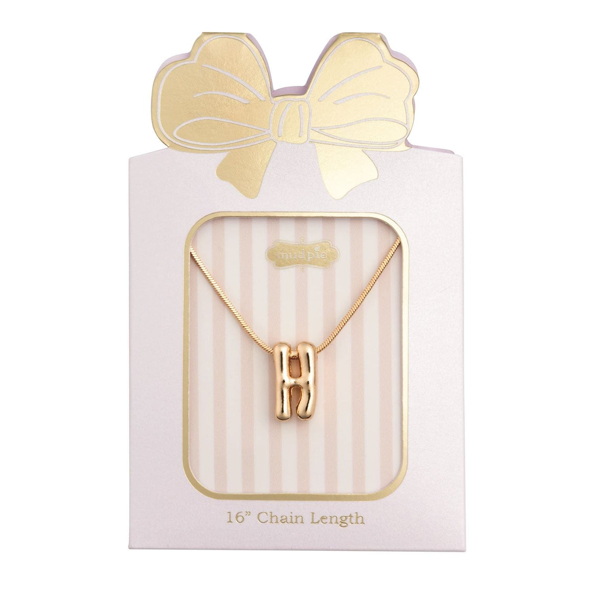 Mudpie gold bubble letter H initial necklace on pink striped gift card packaging
