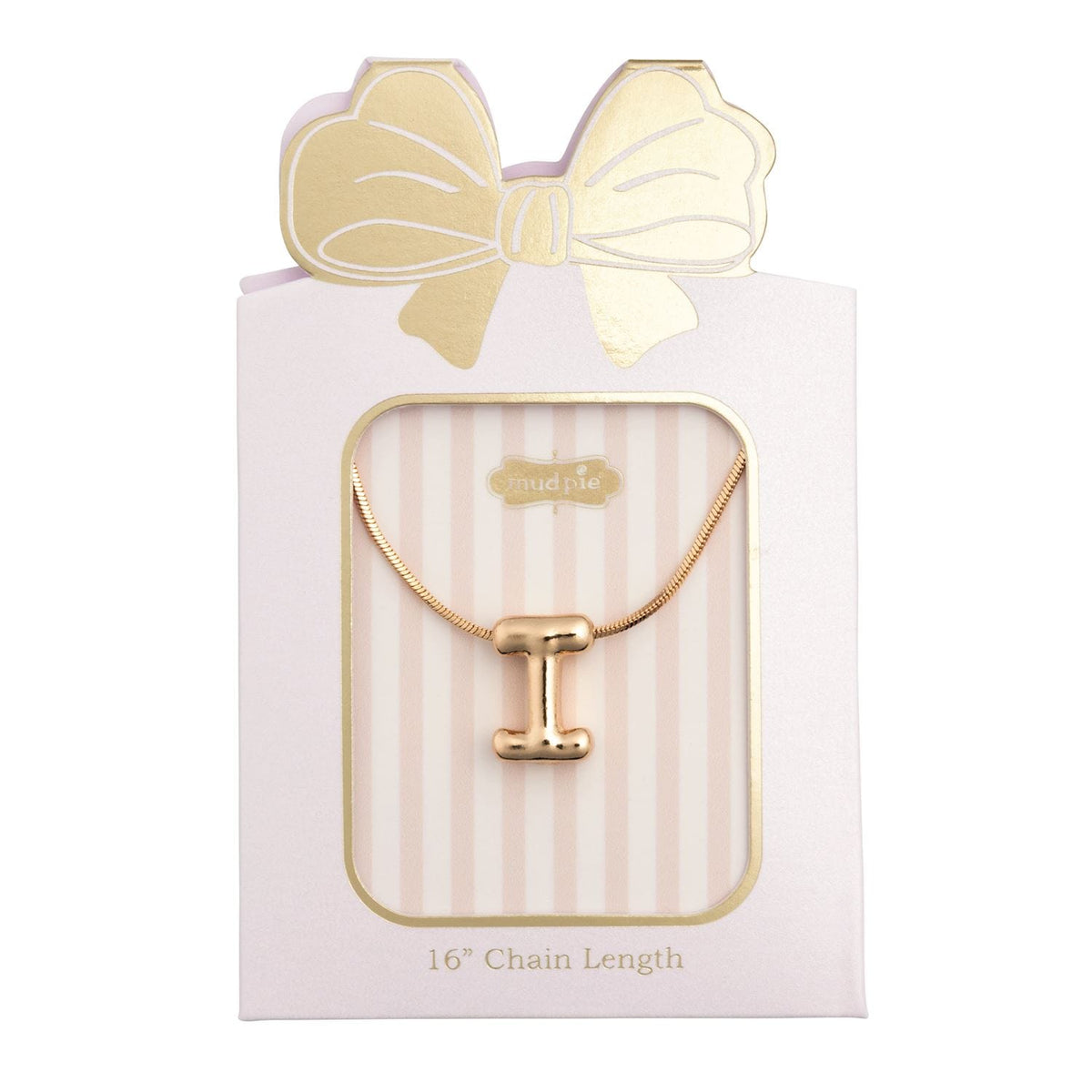 Mud Pie gold bubble letter I initial necklace with 16-inch chain in gift box