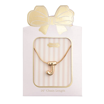 Mud Pie gold bubble letter J initial pendant necklace on pink striped gift card