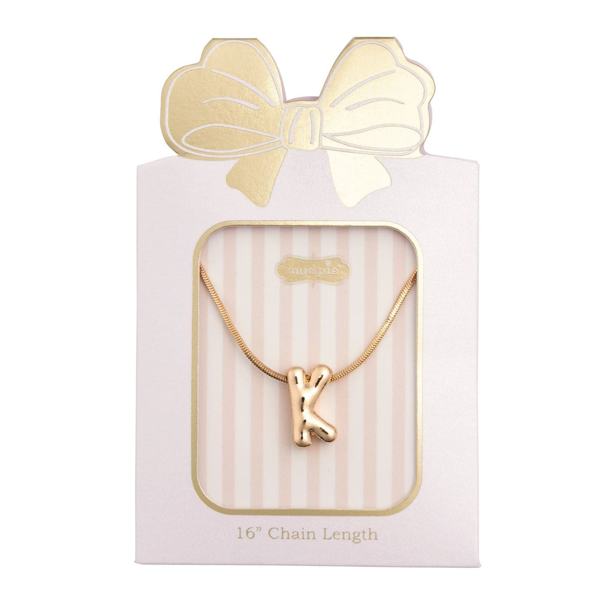 Mudpie gold letter K initial pendant necklace on 16-inch snake chain in gift box