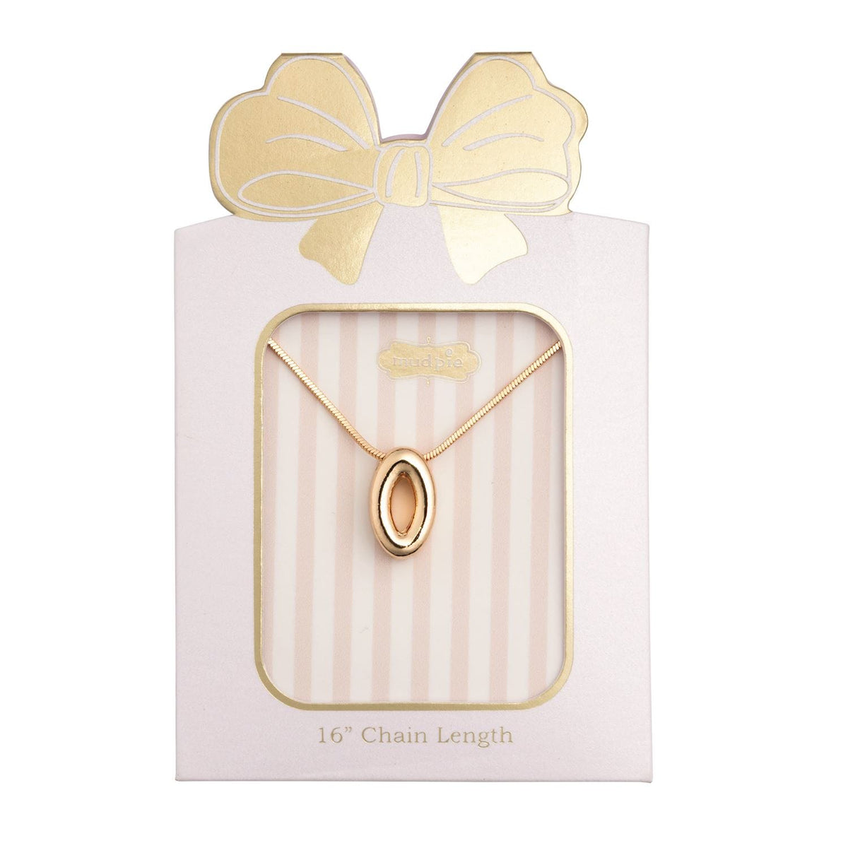 Mud Pie gold oval initial O pendant necklace on pink striped gift card packaging