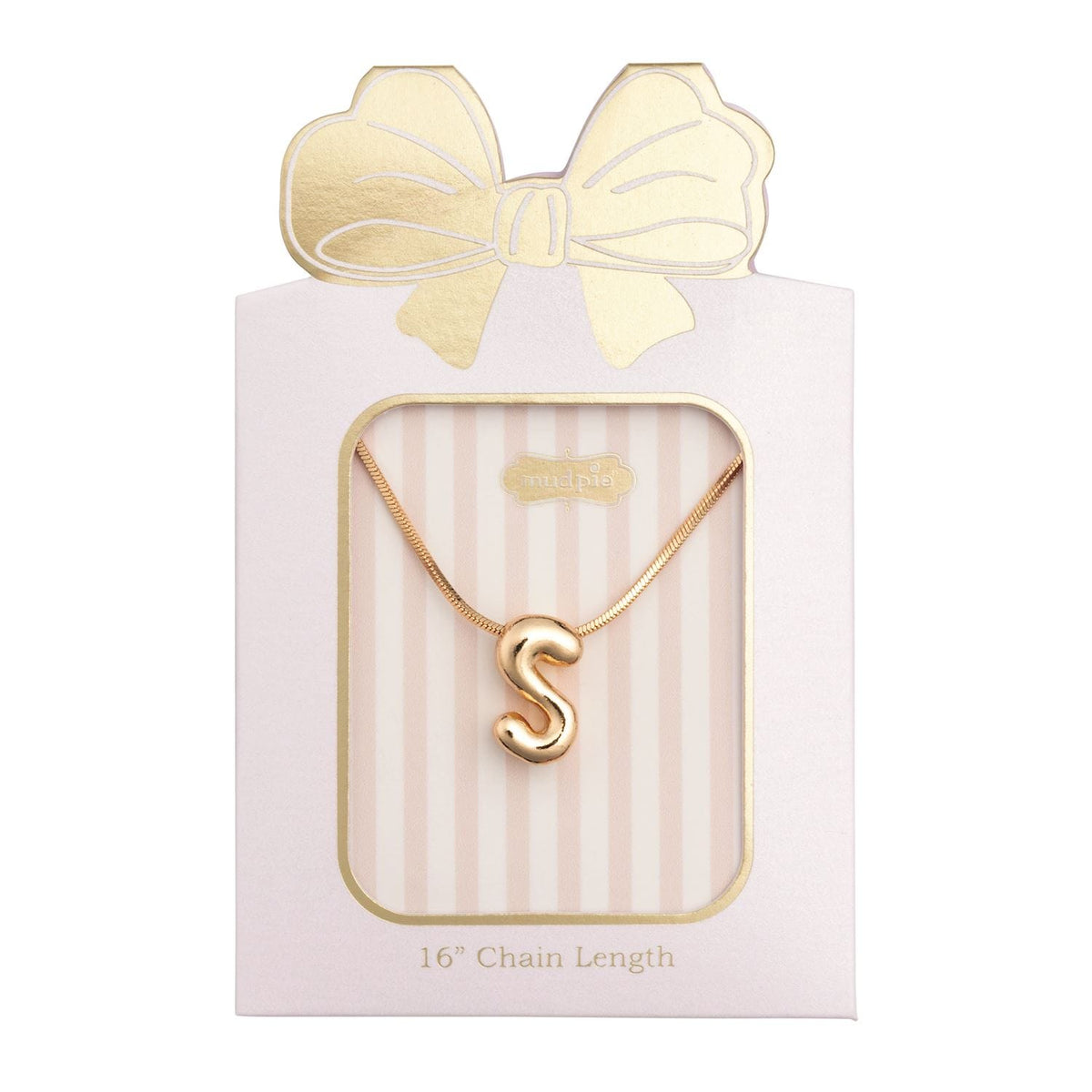 Mud Pie gold letter S balloon initial pendant necklace on pink gift card
