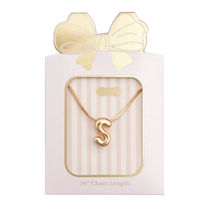 Mud Pie gold letter S balloon initial pendant necklace on pink gift card