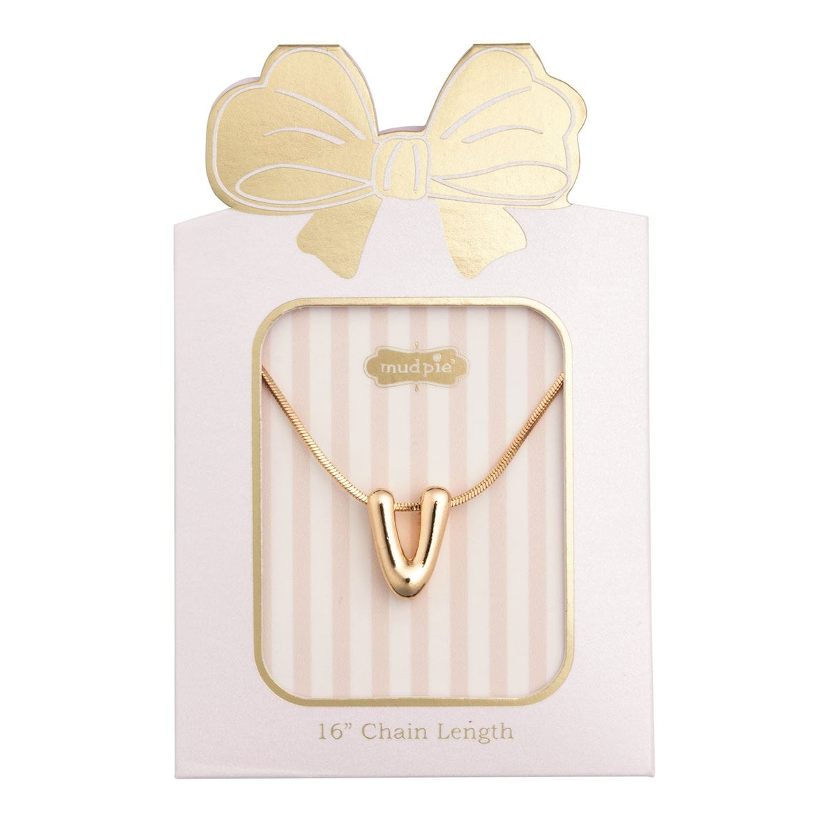 Mud Pie gold letter V initial pendant necklace on 16-inch chain in gift box
