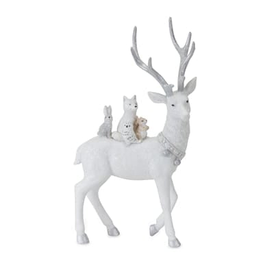 White resin deer figurine with silver antlers and small woodland animals on its back